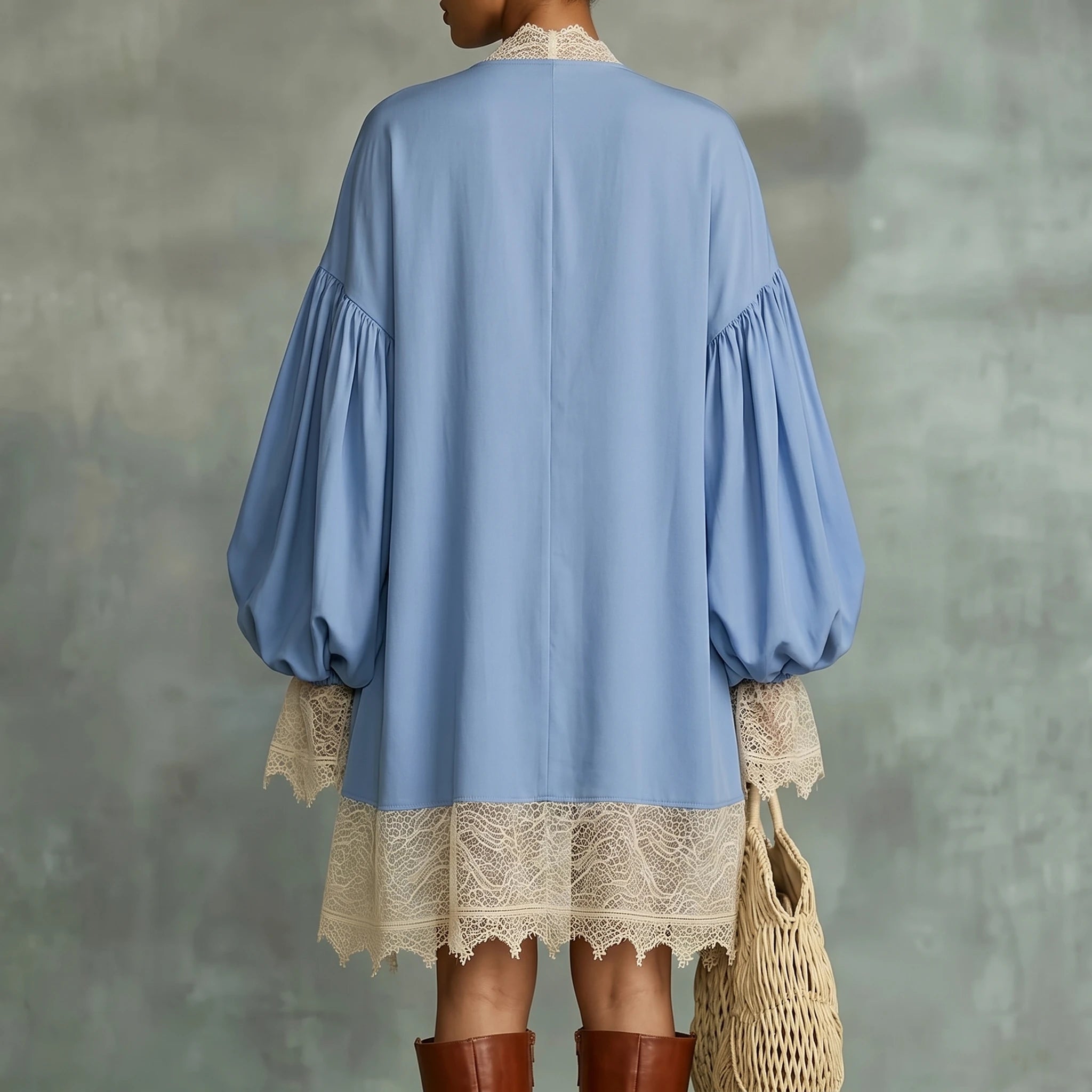 Ingvn  Elegant Lace Trim Mini Dress Women V Neck Lace-up Waist Lantern Sleeve Loose Fit Boho Vintage Casual Vacation Tunic Dresses