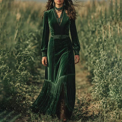 Ingvn  Elegant Women Velvet Dress Fringe Hem Sexy V Neck Long Sleeve Boho High Waist Long Sleeves A-Line Evening Party Maxi Dress