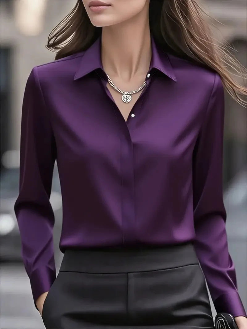 Ingvn  Autumn Solid Color Long Sleeve Lapel Satin Women's Blouse