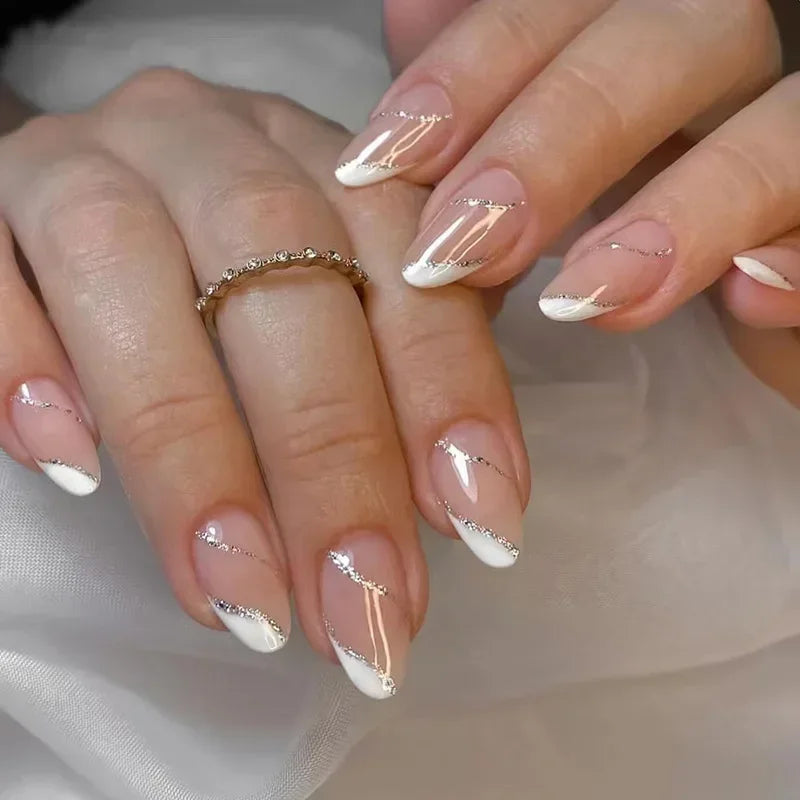 Ingvn  24Pcs Simple Green French False Nails Short Almond Fake Nails with Wave Line Design Wearable Round Head Press on Nail Tips
