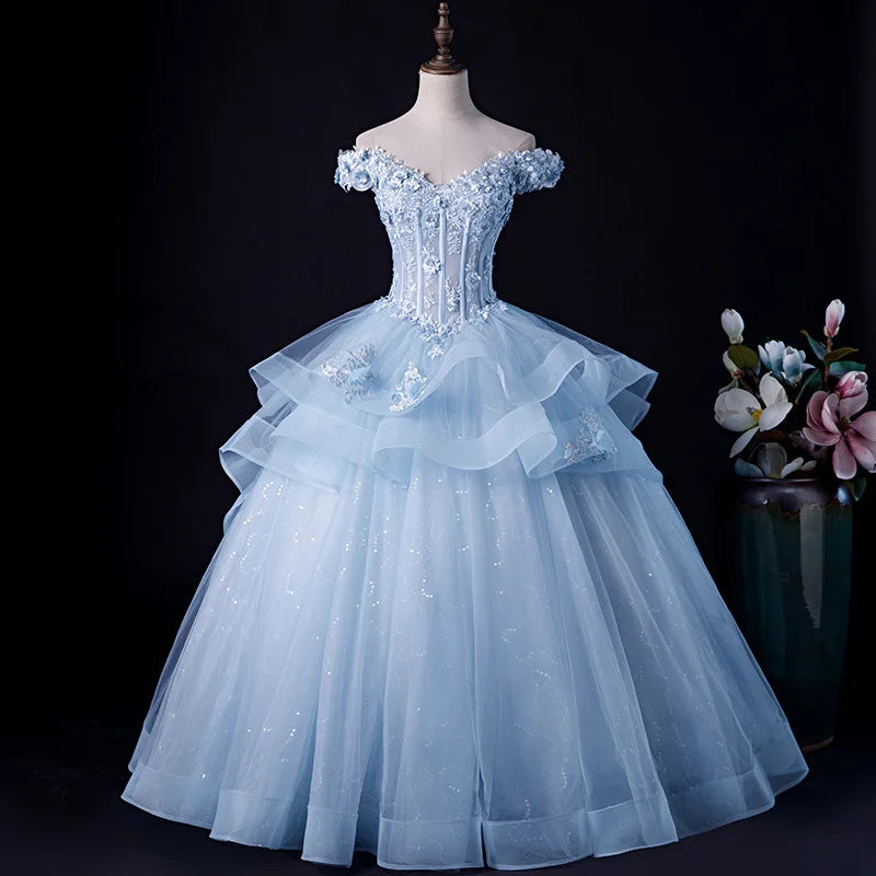Ingvn - New Blue Elegant Long Evening Dress Women Sexy Off-Shoulder Organza Party Wedding Dress Formal Occasion Dresses