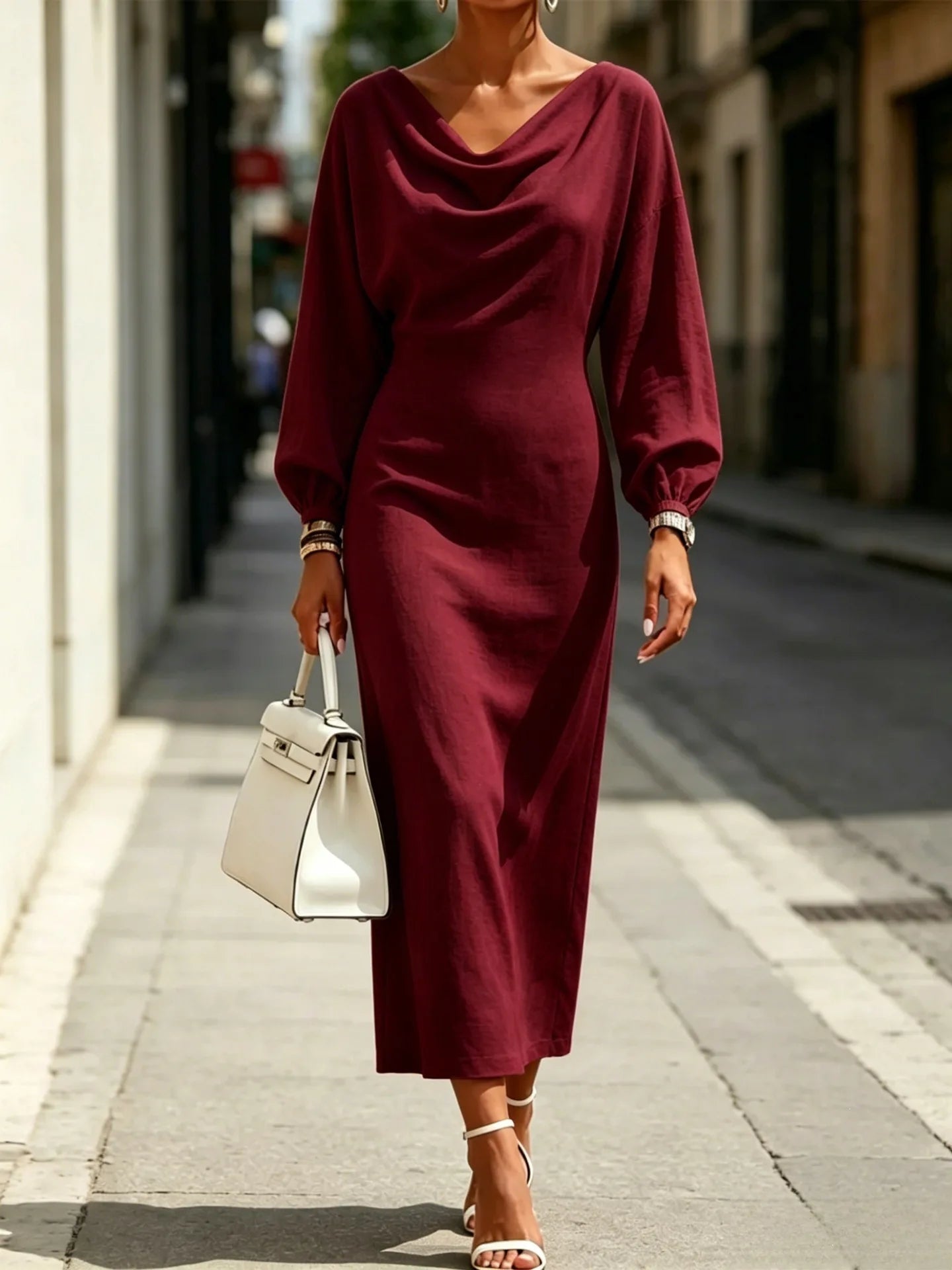 Ingvn - Street Fashion Women's Slim Fit Dress Long Sleeve Daily Wear Summer Dress Gentle Style High Waist Batwing Sleeve