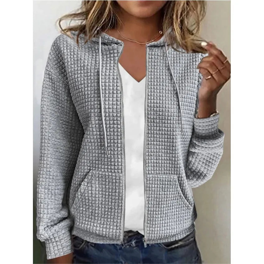 Ingvn  Women's S-2XL size European and American women's zippered hooded cardigan long sleeved hoodie jacket Women's clothing