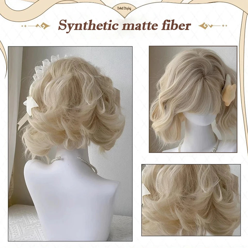 Ingvn  Short Wavy Ombre Pink Hair Wig for Women Synthetic Wig with Bangs Natural Layered Lolita Cosplay Party Cute Wigs