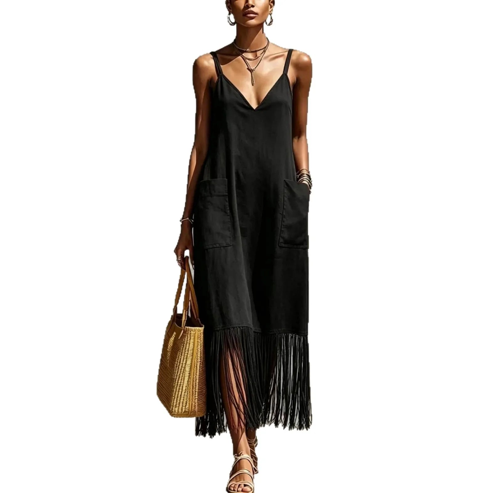 Ingvn  Women's Sleeveless V Neck Tassel Long Dress Fringe Hem Summer Casual Loose Dress  Strap Vacation Sundress with Pockets