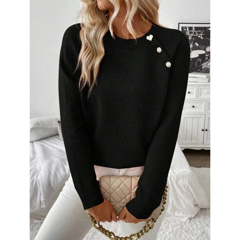 Ingvn - New Women's Clothing Casual Diagonal Pullovers Button Knitted Sweater