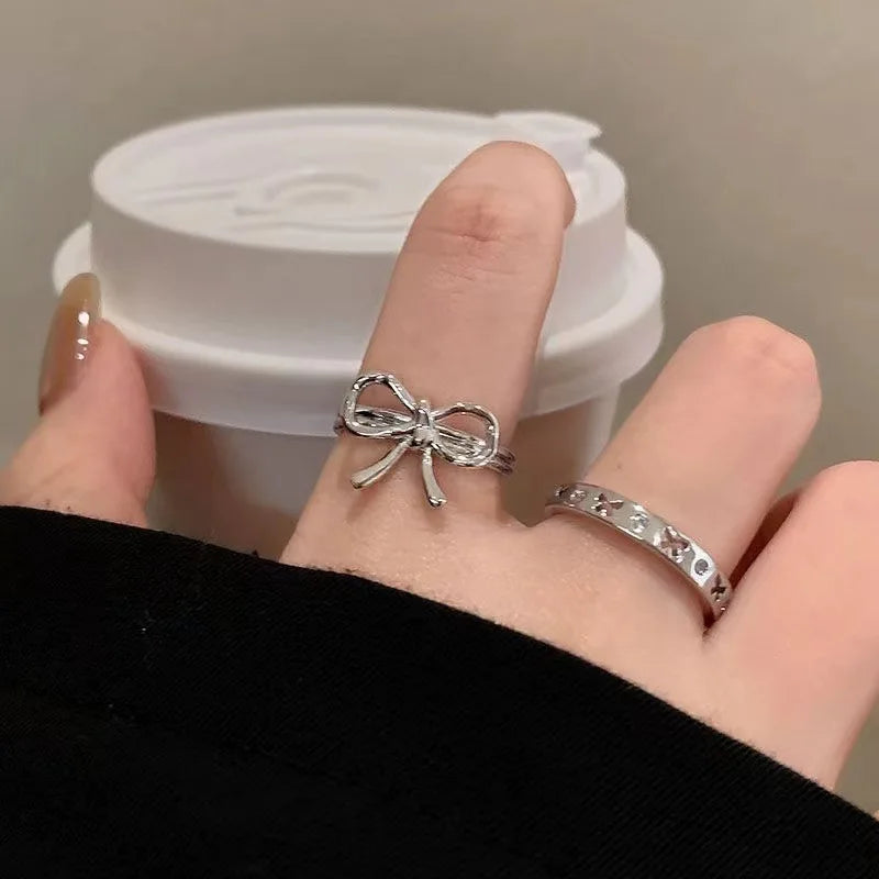 Ingvn  Fashion Trend Pink Crystal Bowknot Heart Rings Zircon Ring Y2K Shiny Zircon Rings for Women Girls Party Aesthetic Jewelry