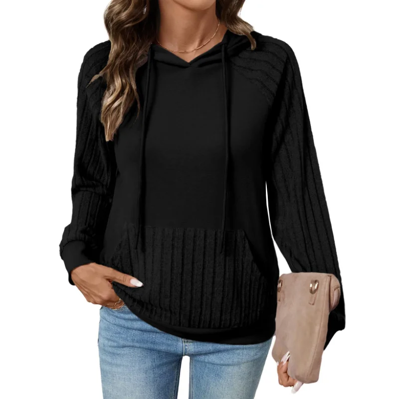 Ingvn - Women Early Autumn New Style Pocket Pullover Hooded Patchwork Thin Hoodie Casual Versatile Pullover Long Sleeve Top