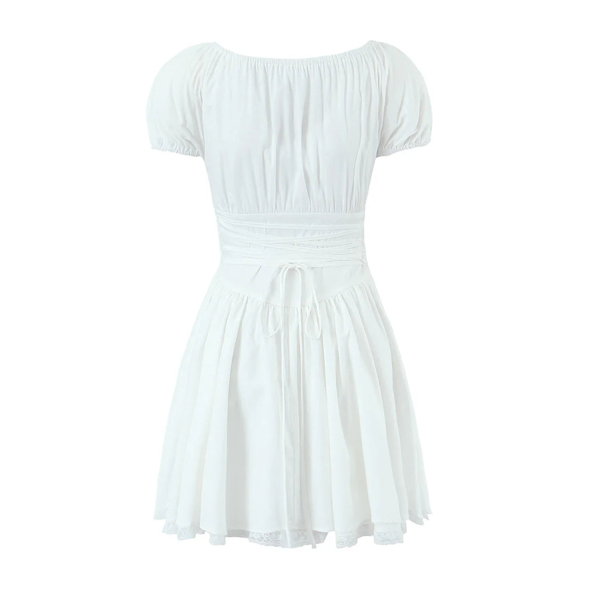 Ingvn  Sweet Women Ruched Chest Fish bow Waist Corset Style Dress Short Sleeve Cross Bandage Lacing up Back Bodycon Mini Party Robe