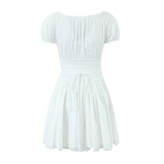 Ingvn  Sweet Women Ruched Chest Fish bow Waist Corset Style Dress Short Sleeve Cross Bandage Lacing up Back Bodycon Mini Party Robe