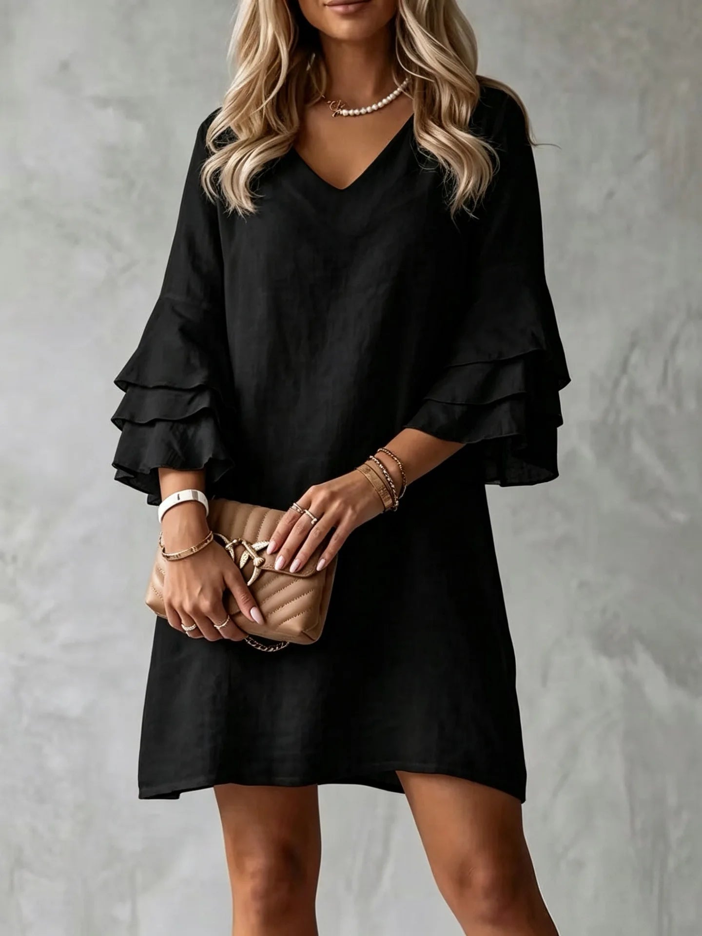 Ingvn  Women's Summer Dress Fashion Solid Color Loose Ruffled Sleeve Elegant V-Neck Simple Mini Dresses For Women Casual Clothing