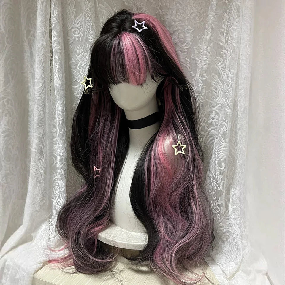 Ingvn  Long Black Highlight Pink Wig Synthetic Wavy Curly Lolita Wig Natural Cosplay Party Wig Daily Wear Halloween Costume Wig