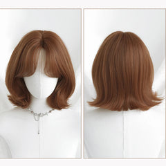 Ingvn  ﻿ Short Brown Straight Synthetic Wig with Bangs Curly Hair Pink Green Lolita Wigs for Women Daily Party Cosplay Christmas Wig