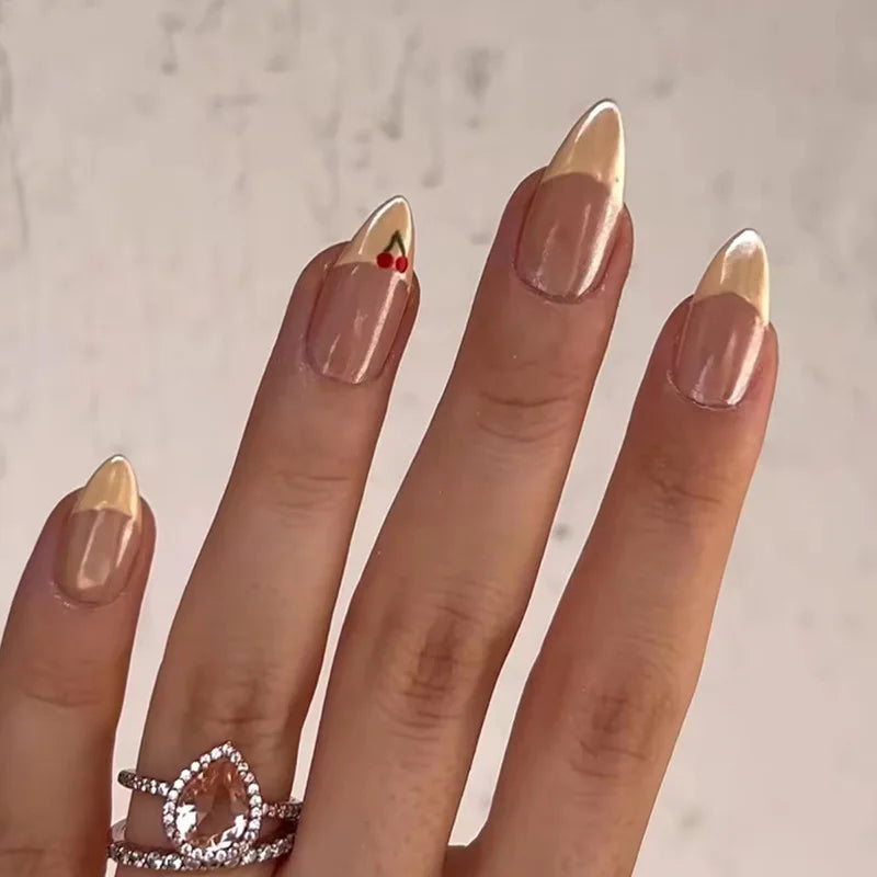Ingvn  24Pcs Simple Green French False Nails Short Almond Fake Nails with Wave Line Design Wearable Round Head Press on Nail Tips
