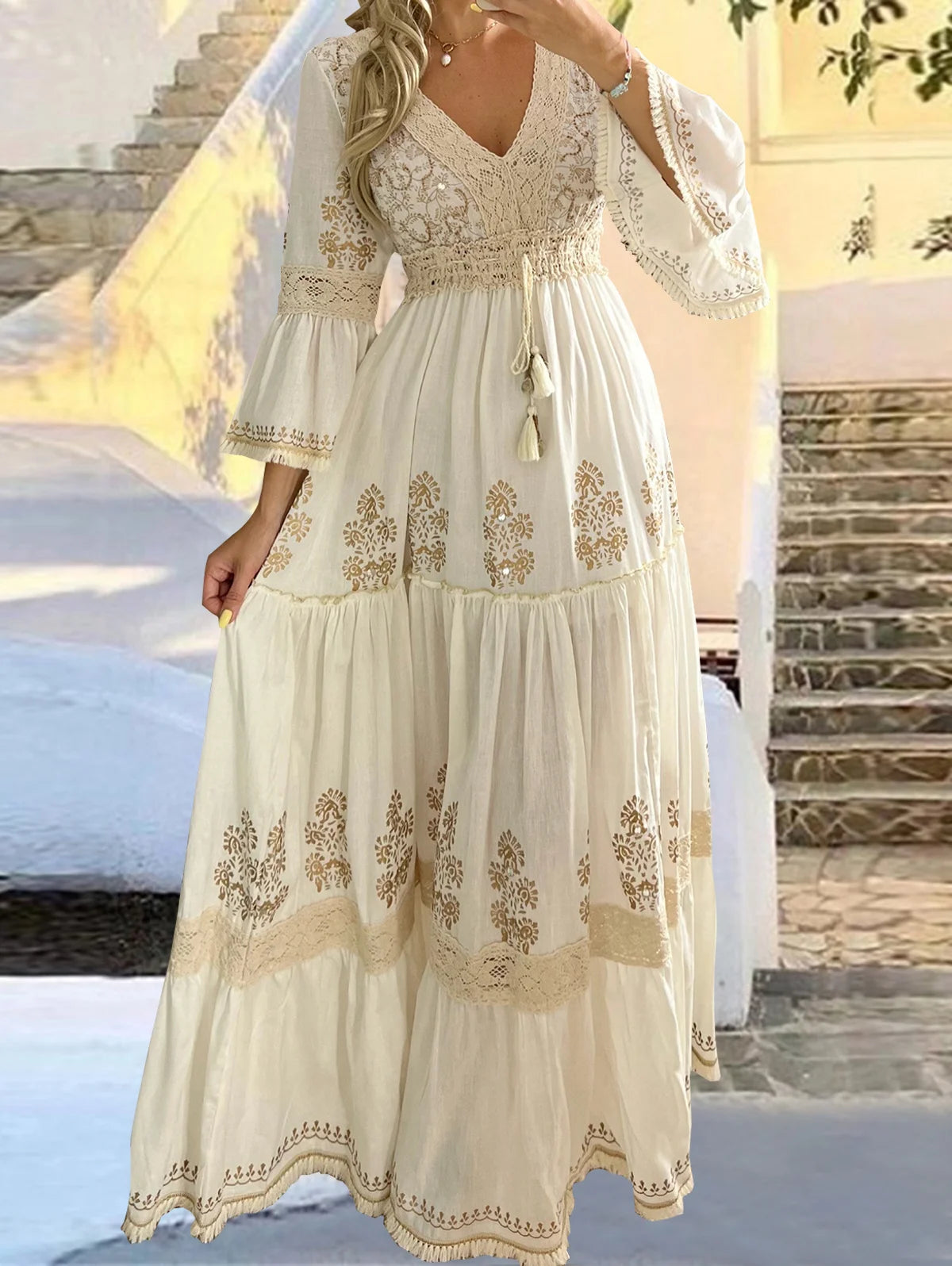 Ingvn  Long Dress for Women Elegant Tassel V-Neck Flare Sleeve Vintage Boho Sweet Casual Pleated A-Line Fashion Summer  Dresses