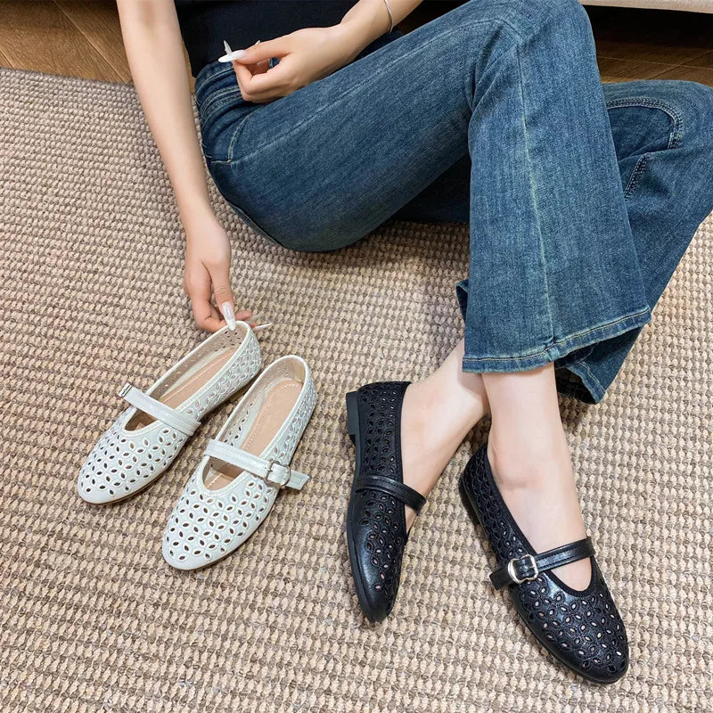 Ingvn  Fashion Embroidery Hollow out Women Ballet Flats Comfortable Soft Soles Mary Janes Lazy Walking Loafers Casual Girls Shoes