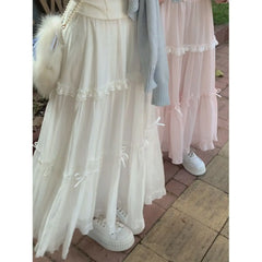 Ingvn  Japanese Kawaii Midi Skirt Y2k Harajuku Ruffles Lace Skirt Sweet Preppy Style Women Subculture Chic High Waist Bow Skirt