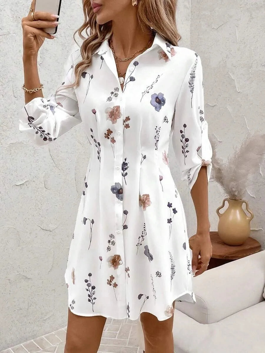 Ingvn  Women's Floral Print Lapel Long Sleeve Button Front Pleated Waist Casual Shirt Dress
