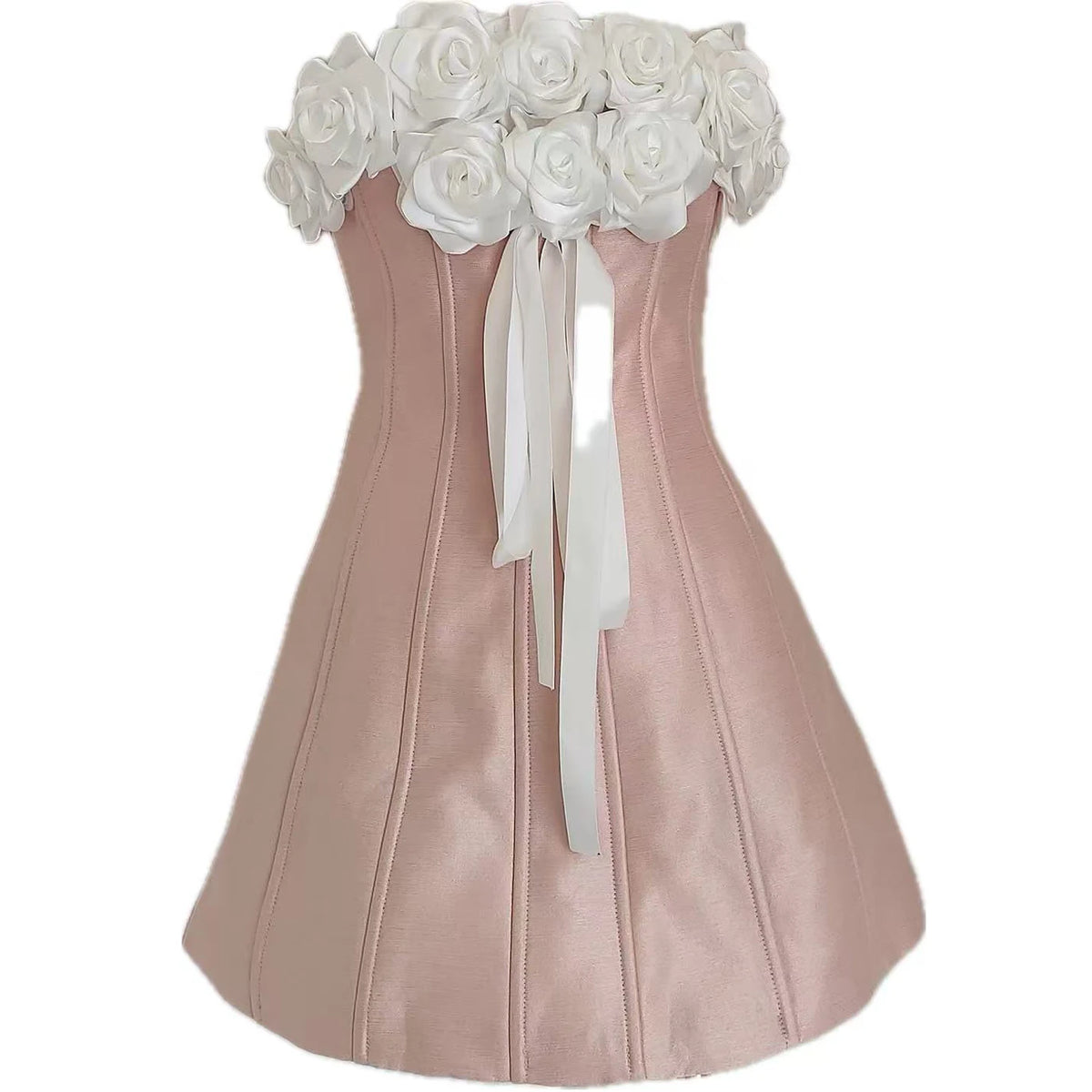 Ingvn  French Elegant Sweet Socialite Birthday Party Dress 3D Flower Strapless High Waist Fishbone Slim Pink Short Evening Dress Women