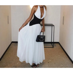 Ingvn  Hit Color Slimming Dresses for Women Deep V Neck Sleeveless High Waist Temperament Dress Female