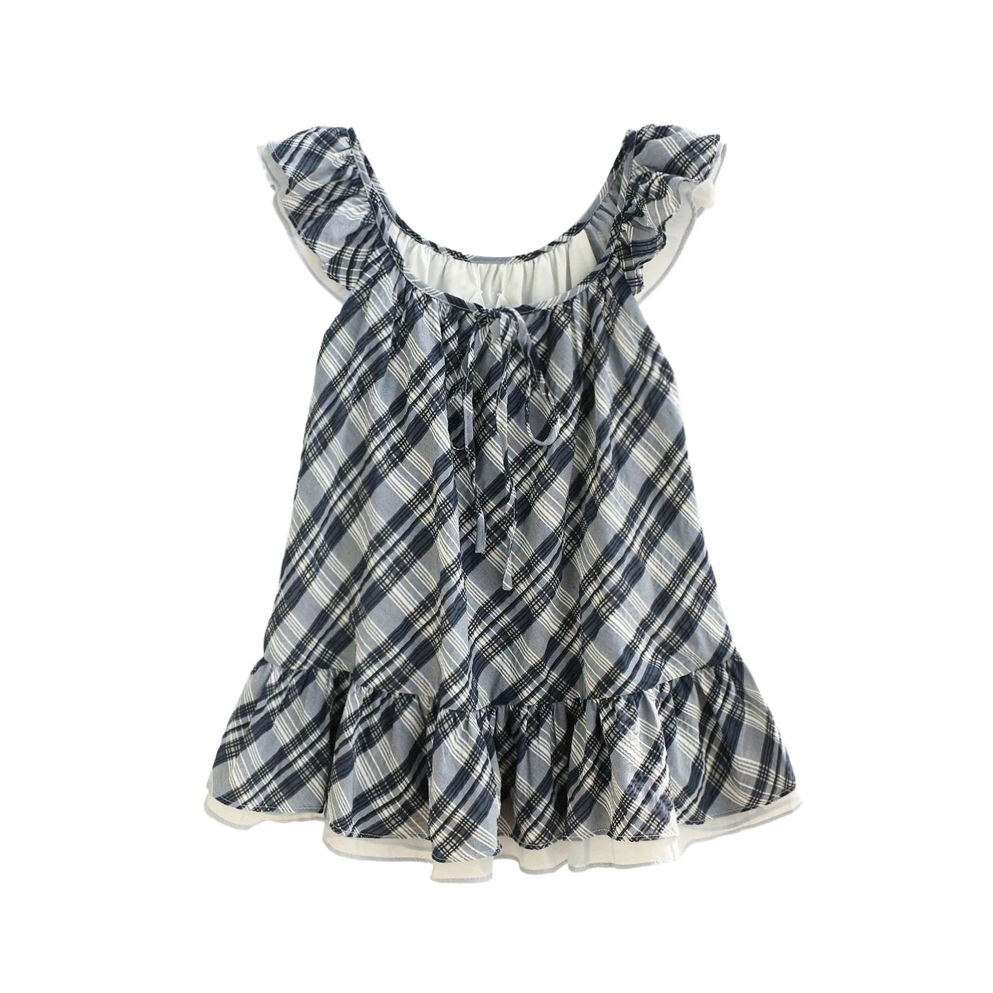 Ingvn  Summer New Style Holiday Checkered Double Layer Ruffle Sleeve Vest Top Rope Tie mid Length Women's Shirt Korean Style High Waist