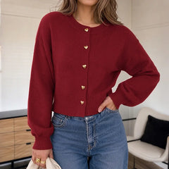 Ingvn - Autumn winter Women Solid Single Breasted Crew Neck Knit Sweater Long Sleeve Gold Buttons Loose Cardigan Lady Casual Clothes