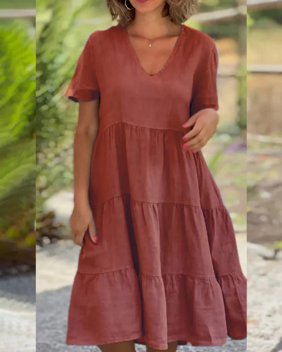 Ingvn  New European and American Summer Women's Clothing Fresh and Sweet V-neck Solid Color Large Sway Casual Skirt Dress