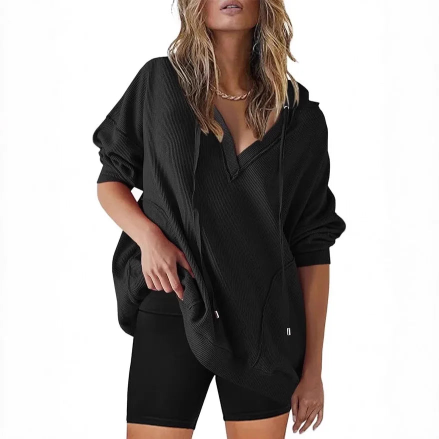 Ingvn - Women Solid Wfle Knit Hoodie V Neck Long Sleeve Loose Casual Pullover Top