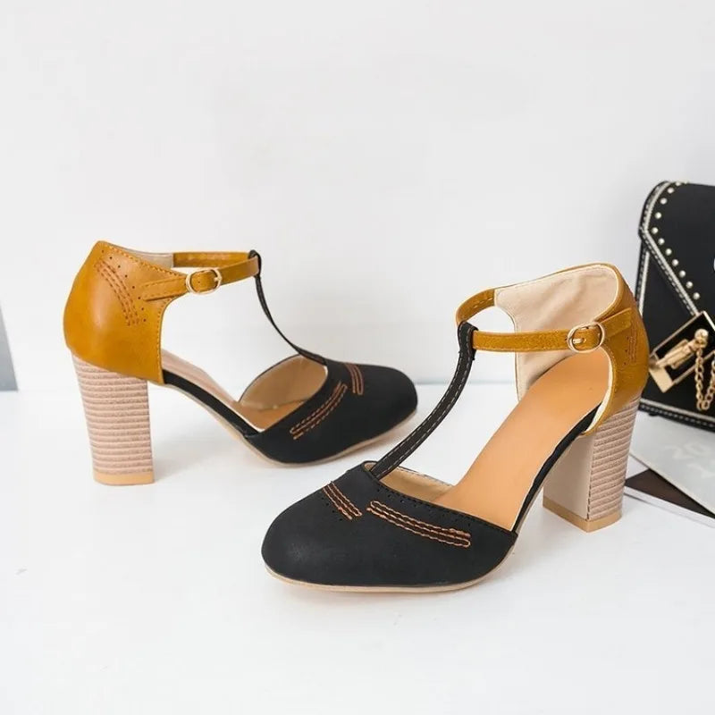 Ingvn  Ladies' Sandals Heel High Shoes Pumps Square Ladies Platform Round Toe T-tied Square Heel Wedding Dress Shoes Casual Rome Pumps