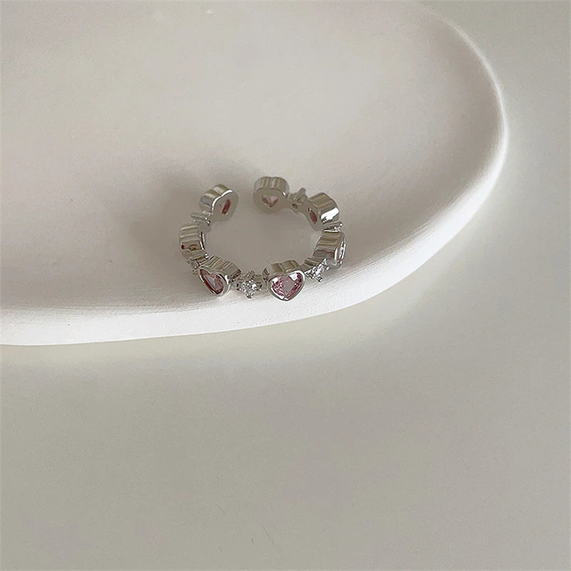 Ingvn  Pink Crystal Irregular Heart Rings Creative Zircon Bowknot Opal Love Heart Open Ring Y2K Shiny Rings for Women Party Jewelry