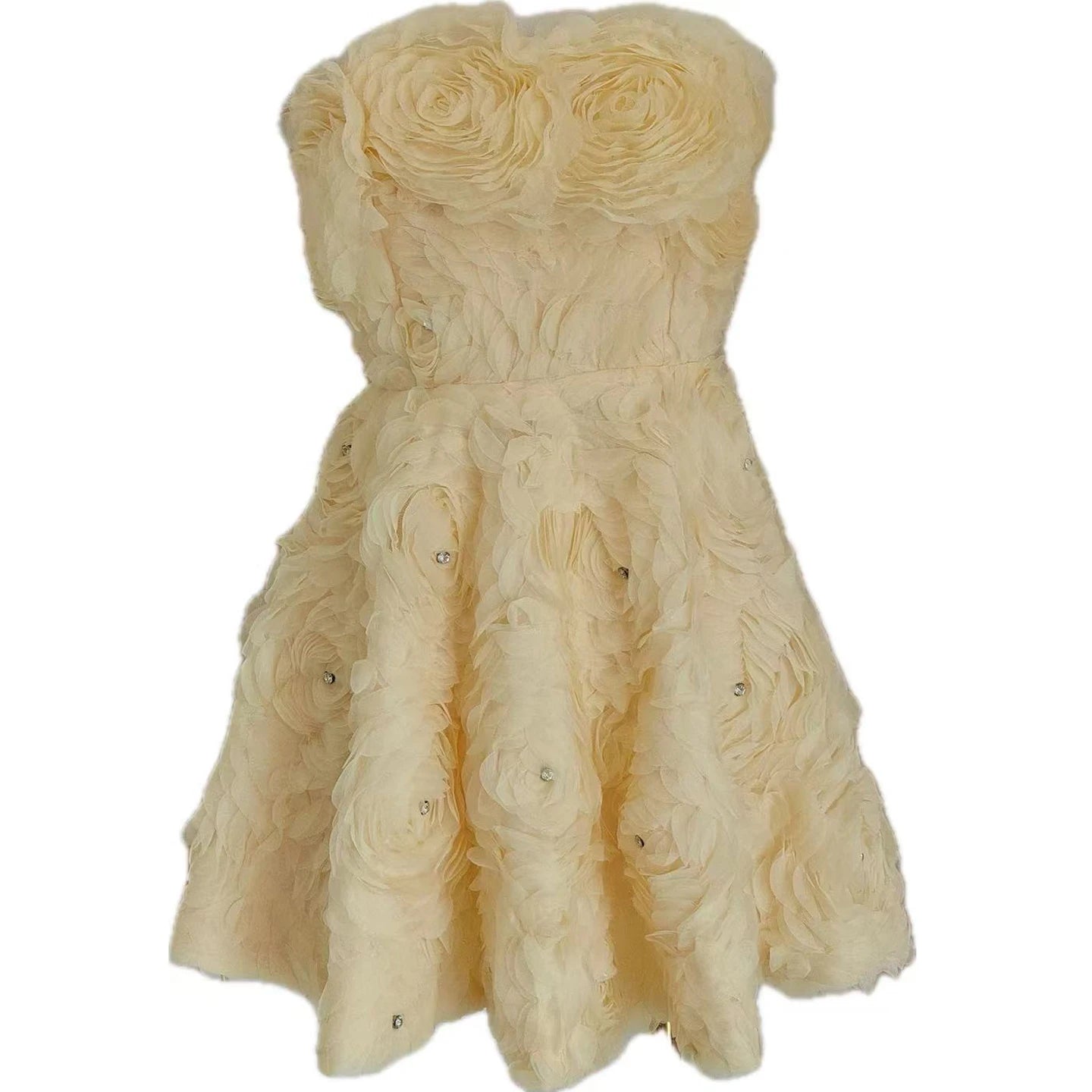 Ingvn  French Elegant Heavy Industry Socialite Birthday Party Dresses 3D Flower Diamond High Waist Slim A-line Fluffy Short Dress Women
