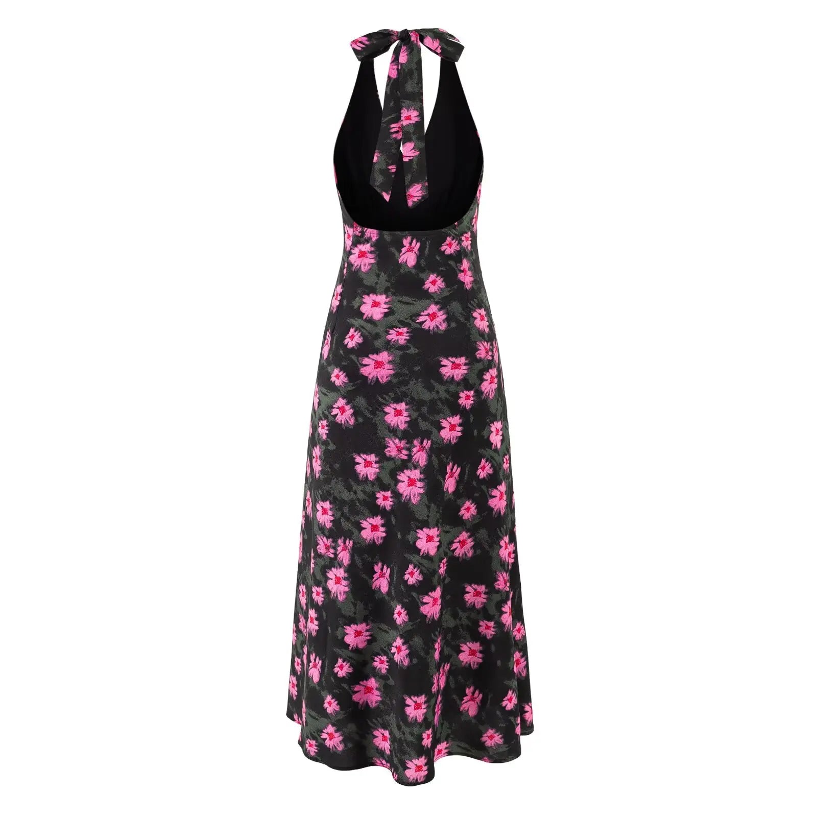 Ingvn  Sexy Black With Pink Floral Print Tie Bow Halter Sling Dress Summer Woman Backless Slim Waist Midi Long Dresses Robe Holiday