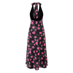 Ingvn  Sexy Black With Pink Floral Print Tie Bow Halter Sling Dress Summer Woman Backless Slim Waist Midi Long Dresses Robe Holiday