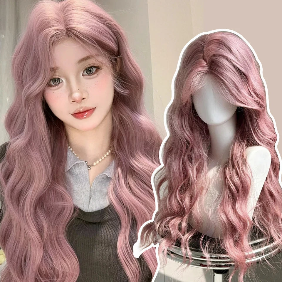 Ingvn  Long Wavy Brown Middle Part Wig Synthetic Lolita Wig Natural Cosplay Party Wig Daily Wear Halloween Costume Y2K Orange Wig
