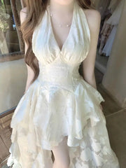 Ingvn  French Elegant Irregular Sleeveless Dress Woman Harajuku Vintage Solid Lace Dress Korean Fashion Short Party Dress Chic