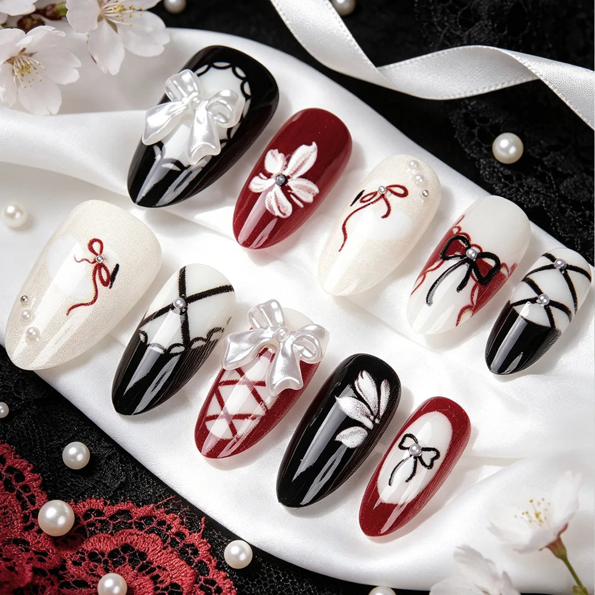 Ingvn  24Pcs Gothic Dark Red Press on False Nails Y2k Reusable Almond Nails Set with Silver Ripples Pattern Cool Fake Finger Nail Tip