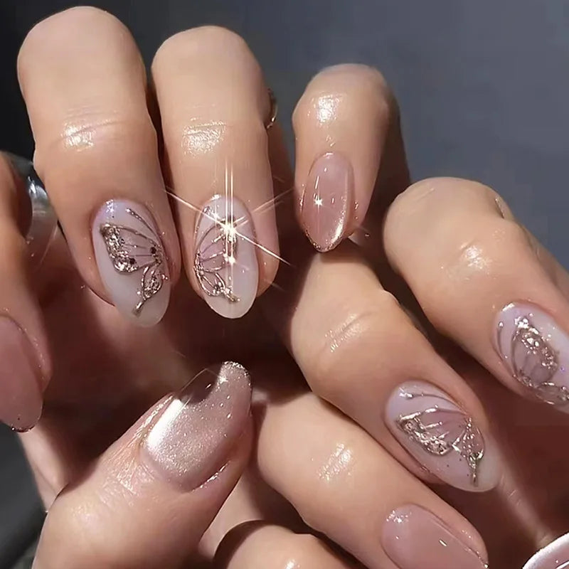 Ingvn  24Pcs Simple Green French False Nails Short Almond Fake Nails with Wave Line Design Wearable Round Head Press on Nail Tips