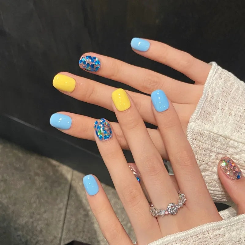 Ingvn  10pcs Handmade Artificial Press on Nails Sequins Simple Multicolor False Square Nails Spring Summer Fake Nails Removable
