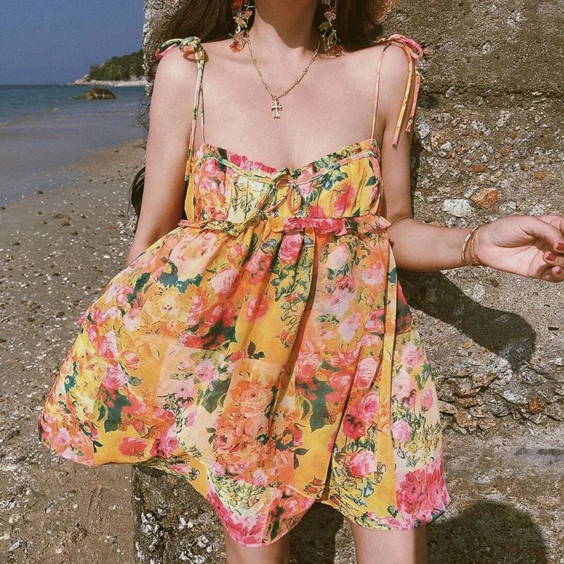Ingvn  Cheopod Floral Print Halter Dress Women's Vacation Gown Summer Casual High Waist A-Line Skirt V-Neck Sleeveless Single Piece