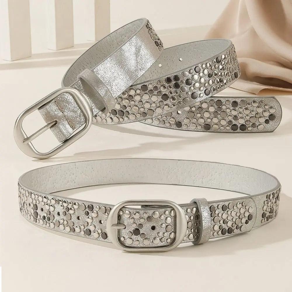 Ingvn  Trend Alloy Buckle Women's Belt Rivet Decoration Pu Leather Casual Waist Belt Punk Style Needle Buckle Belt Pants Decoration