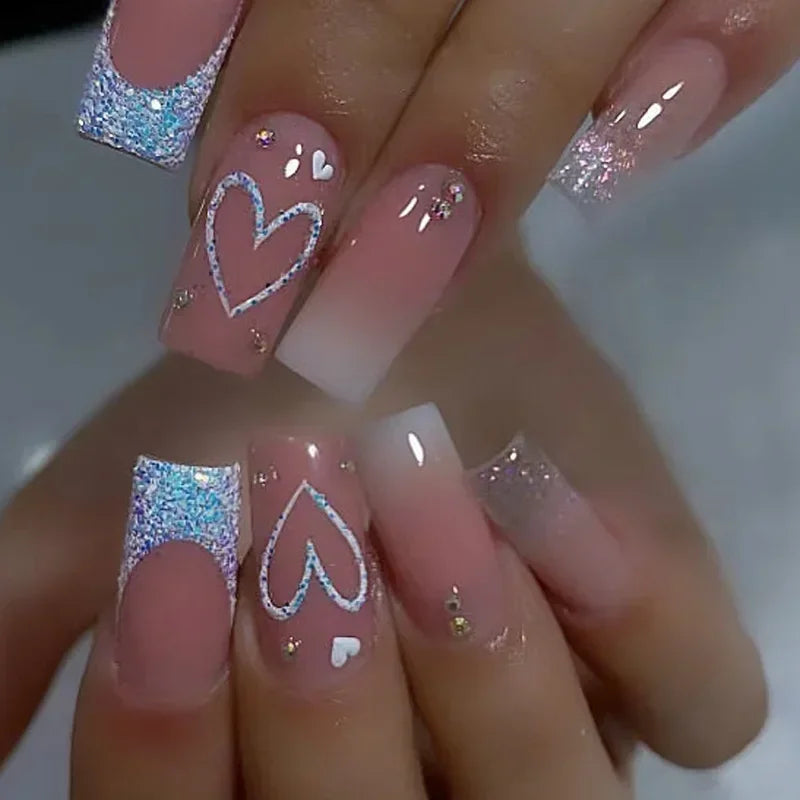 Ingvn  24Pcs Simple Blue French Fake Nails with Diamond Love Pattern Design False Nails Press on Mid-length Ballet Full Cover Nail Tips