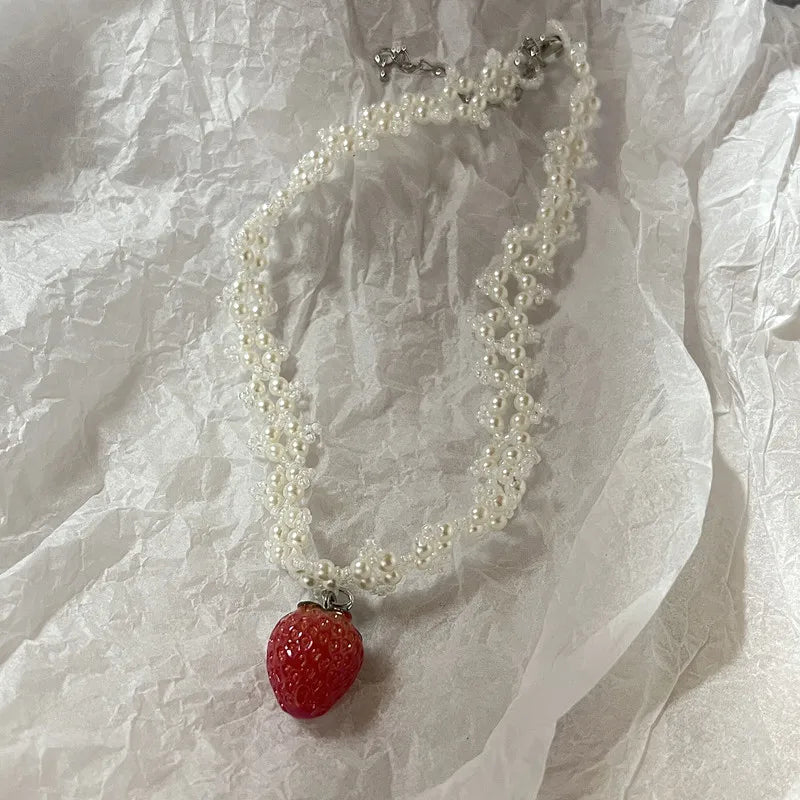 Ingvn  Handmade love necklace, sweet romantic pearl strawberry pendant necklace lovely necklace cute necklace necklace for women y2k