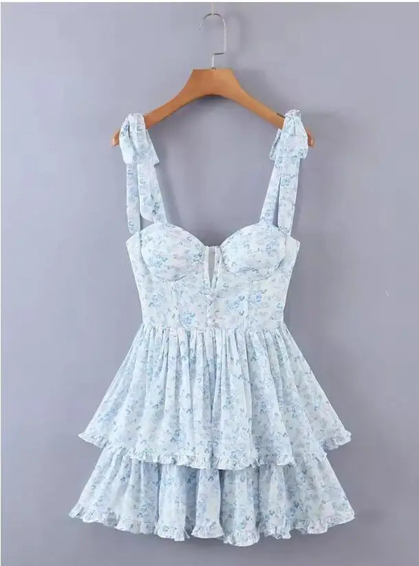 Ingvn  Sweet Pink Flower Print V Collar Sling Dress Women Corset Style Low Waist Folds Hem Ball Gown Swing Short Dresses Mini Tank Robe