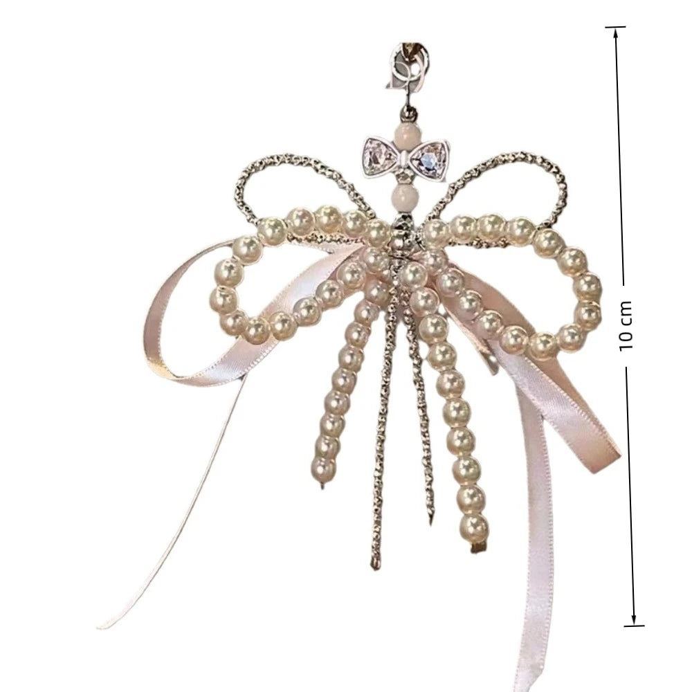 Ingvn  Fashion Pearl Bow Key Chain Silk Ribbon Pink Key Ring Aesthetic Holder