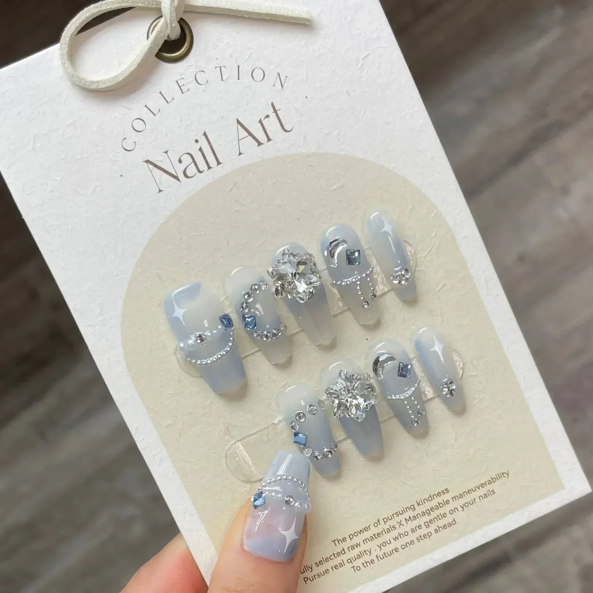 Ingvn  10Pcs Handmade Press on Nails Long Ballet Blue Fake Nails with 3D Ocean Moon Rhinestone Design False Nails Full Cover Nail Tips