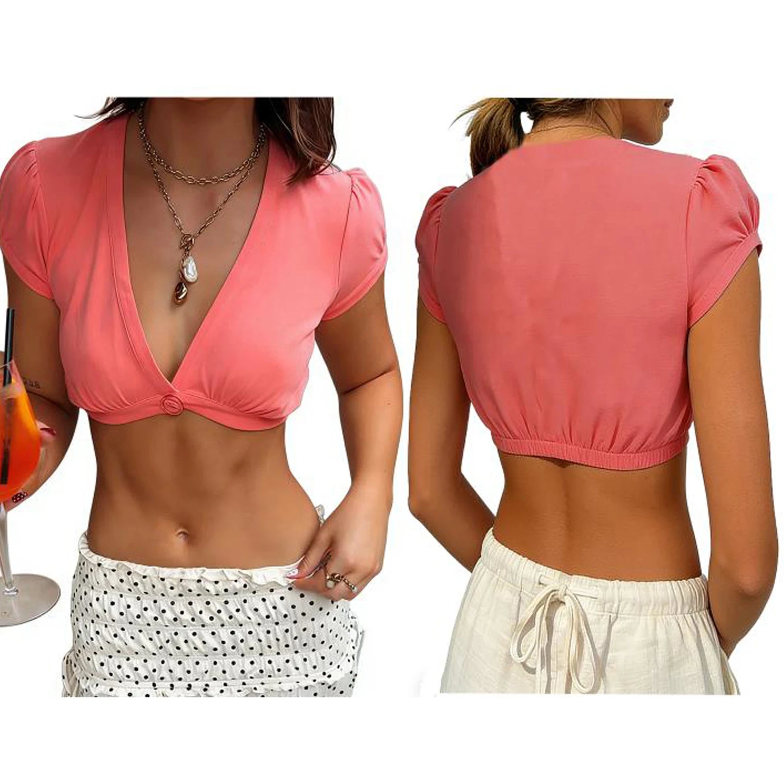 Ingvn  Women's Summer Cropped Tops Solid Puff Sleeve Y2k Single One Button Deep V Neck Super Short T-shirt Going Out Shirts