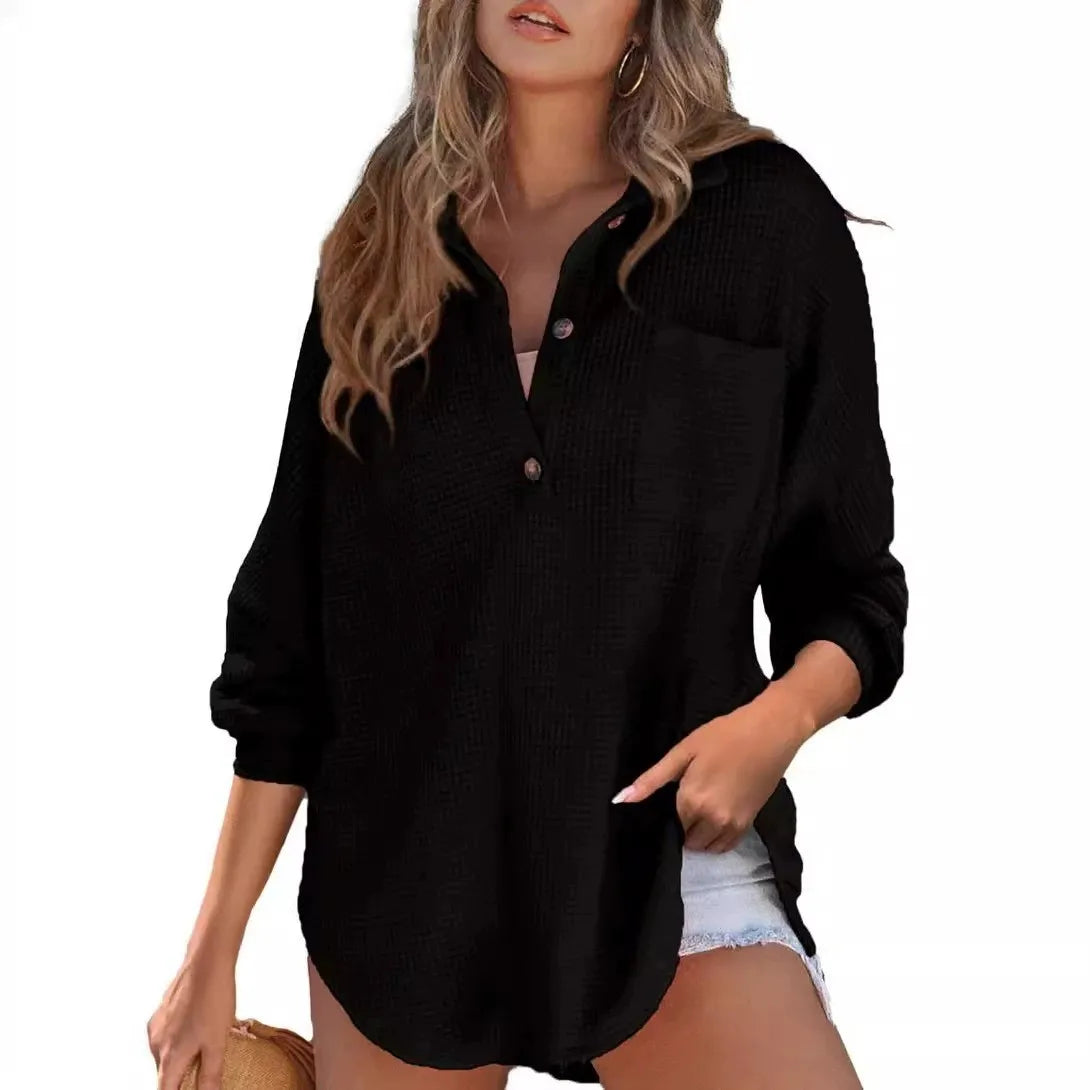 Ingvn  Spring Summer Women's Clothing Short Sleeve Waffle Knit Casual Wear Regular Fit Polyester Button Up Shirt For Ladies