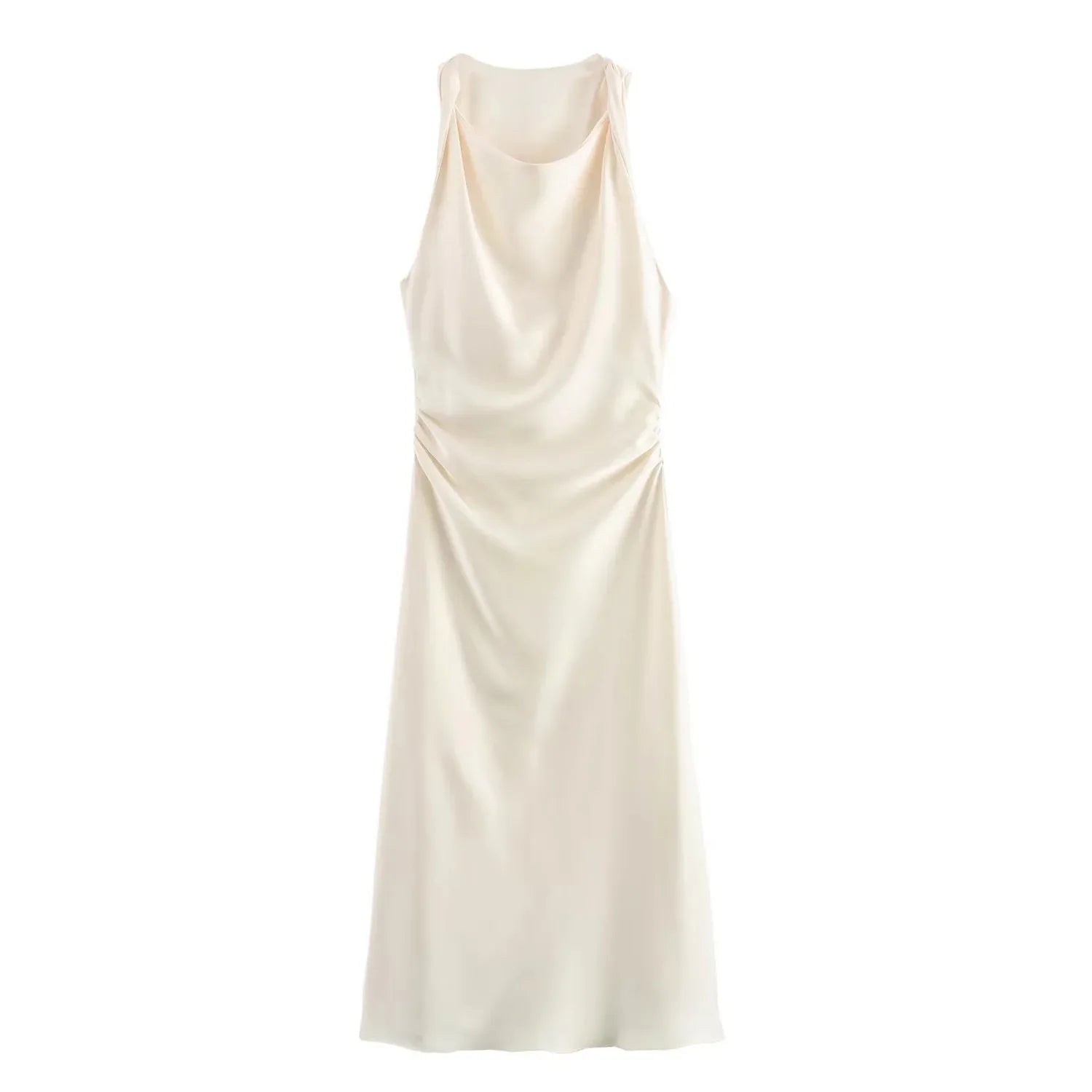 Ingvn  Autumn Satin Texture Sleeveless Midi Dress Round Neck Fashion Evening Dress