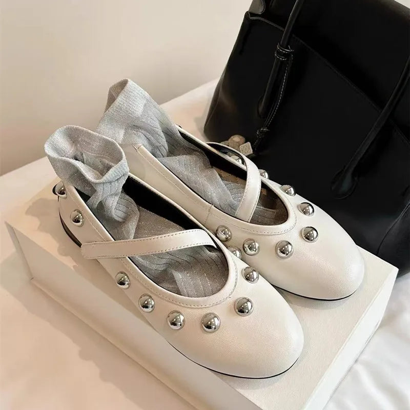 Ingvn - Fashion Rivet Sequined Mary Janes Women Ballet Flats Spring Autumn Comfortable Soft Soles Leather Walking Loafers Casual Shoes