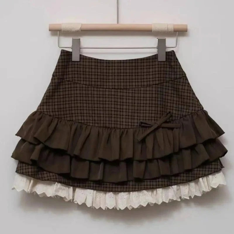 Ingvn  Brown Women Plaid Skirts Vintage Lace Patchwork Cute Fashion High Waist Layered Skirt Kawaii Lolita Sweet Mini Skirts